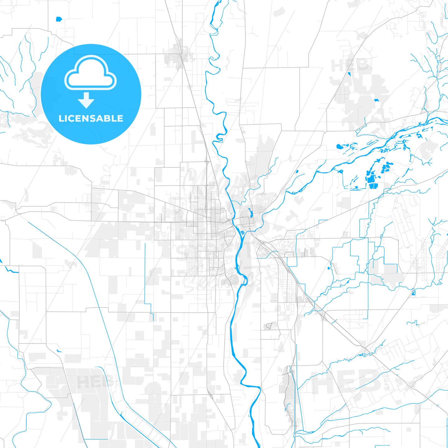 Rich detailed vector map of Yuba City, California, USA