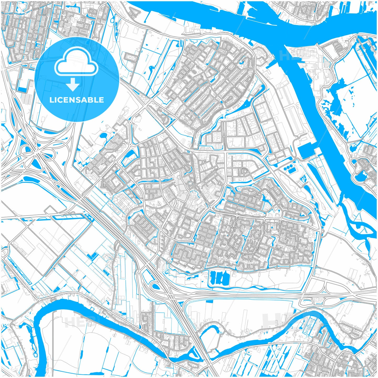 Ridderkerk, South Holland, Netherlands, city map with high quality roads.