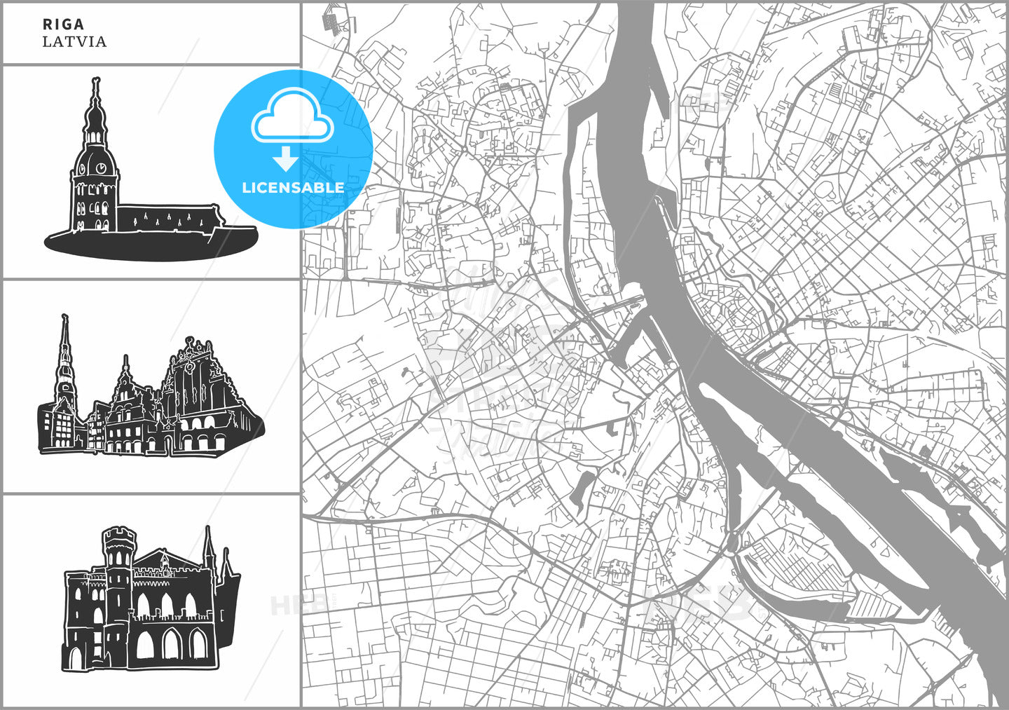Riga city map with hand-drawn architecture icons