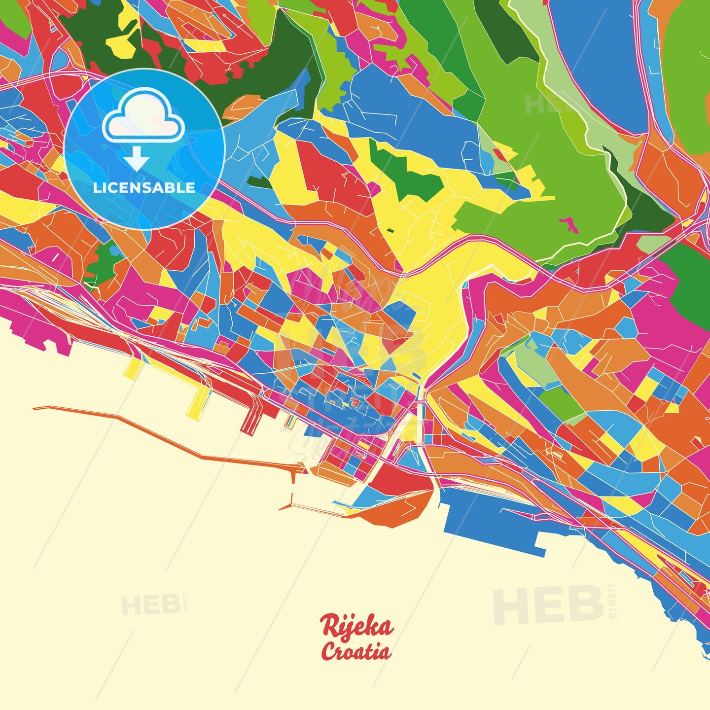 Rijeka, Croatia Crazy Colorful Street Map Poster Template - HEBSTREITS Sketches