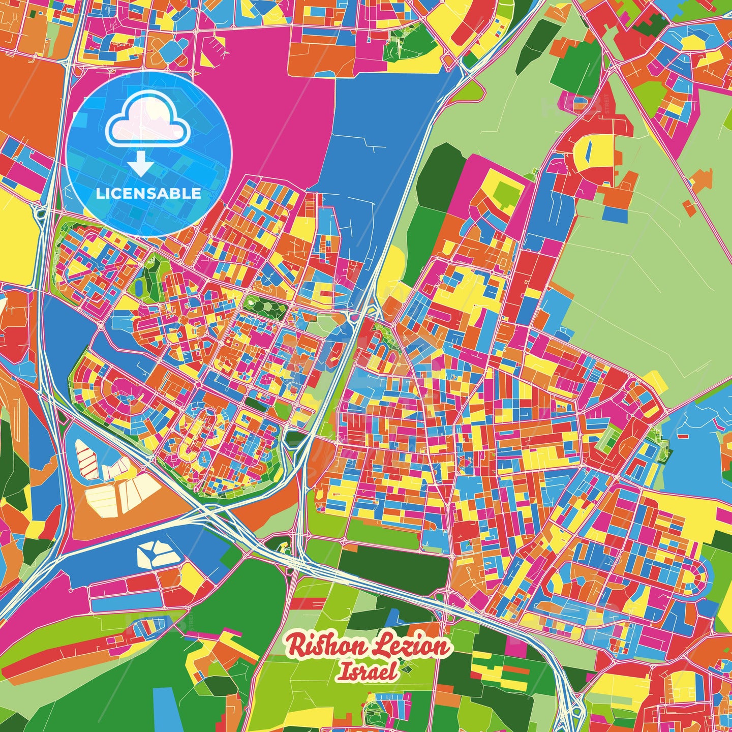 Rishon LeZion, Israel Crazy Colorful Street Map Poster Template - HEBSTREITS Sketches
