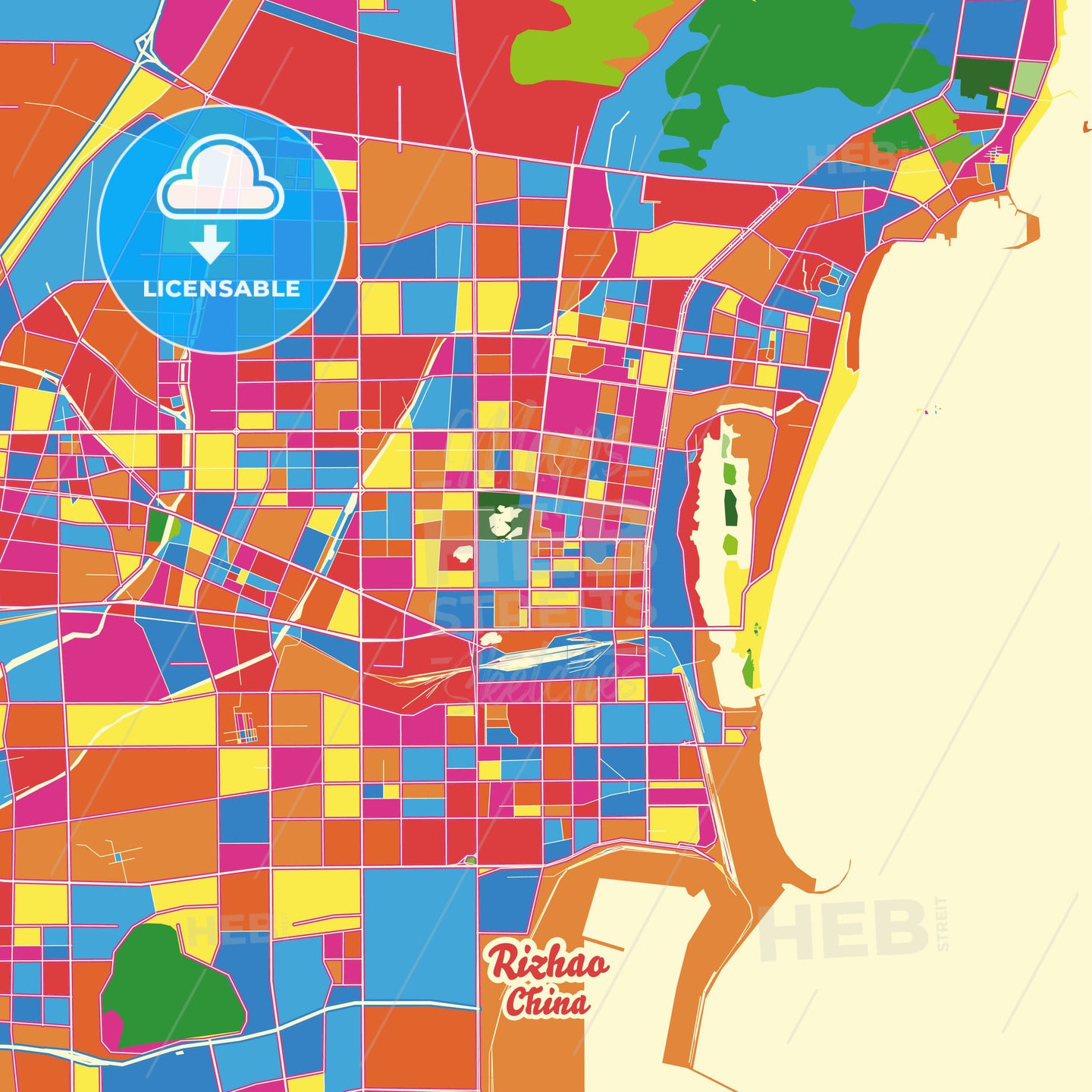 Rizhao, China Crazy Colorful Street Map Poster Template - HEBSTREITS Sketches