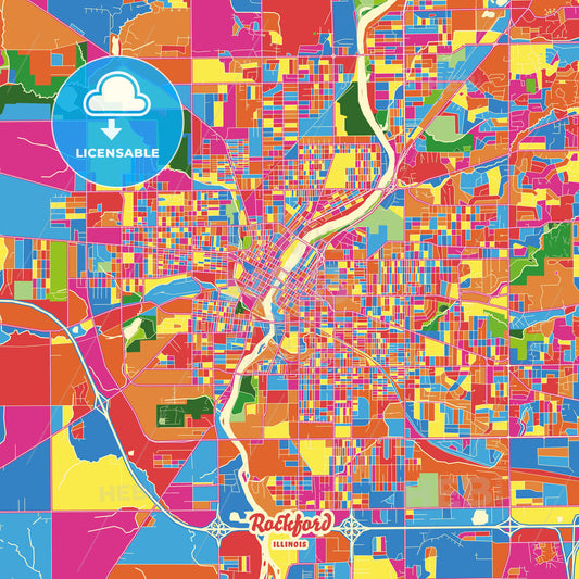 Rockford, United States Crazy Colorful Street Map Poster Template - HEBSTREITS Sketches