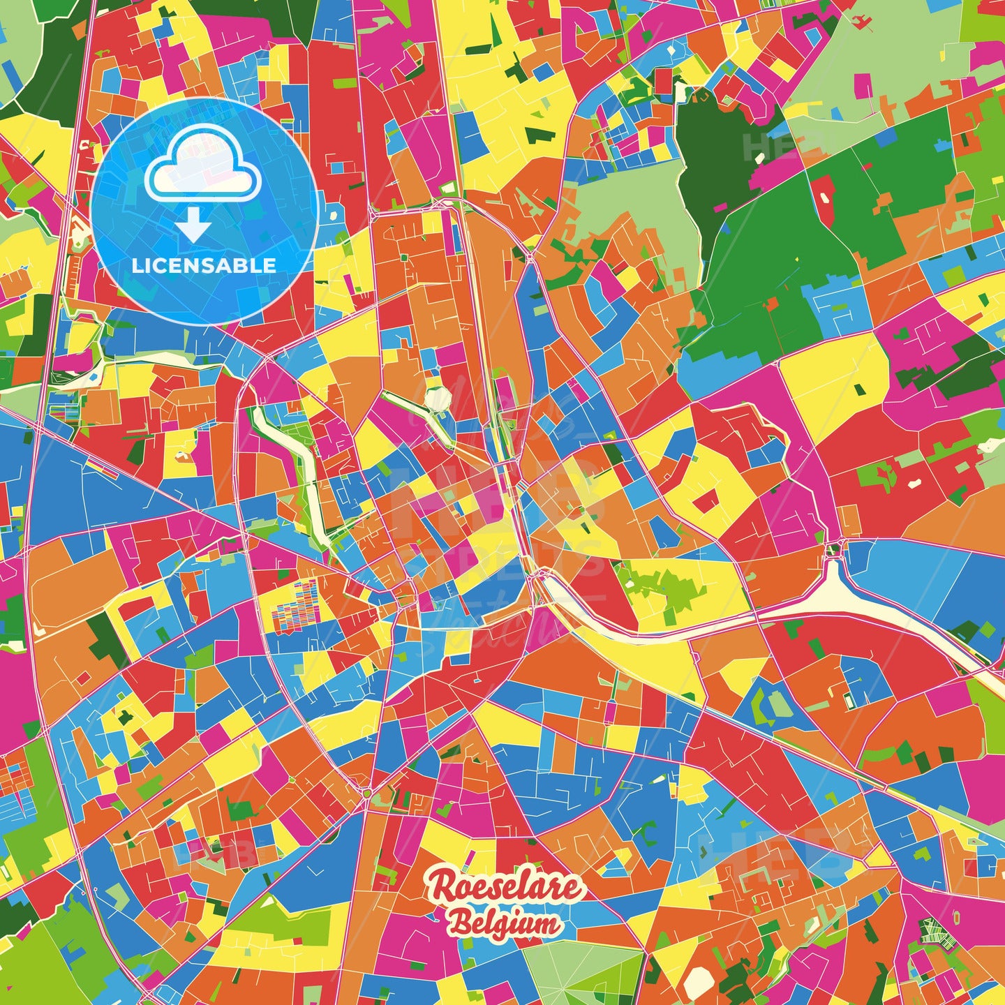 Roeselare, Belgium Crazy Colorful Street Map Poster Template - HEBSTREITS Sketches