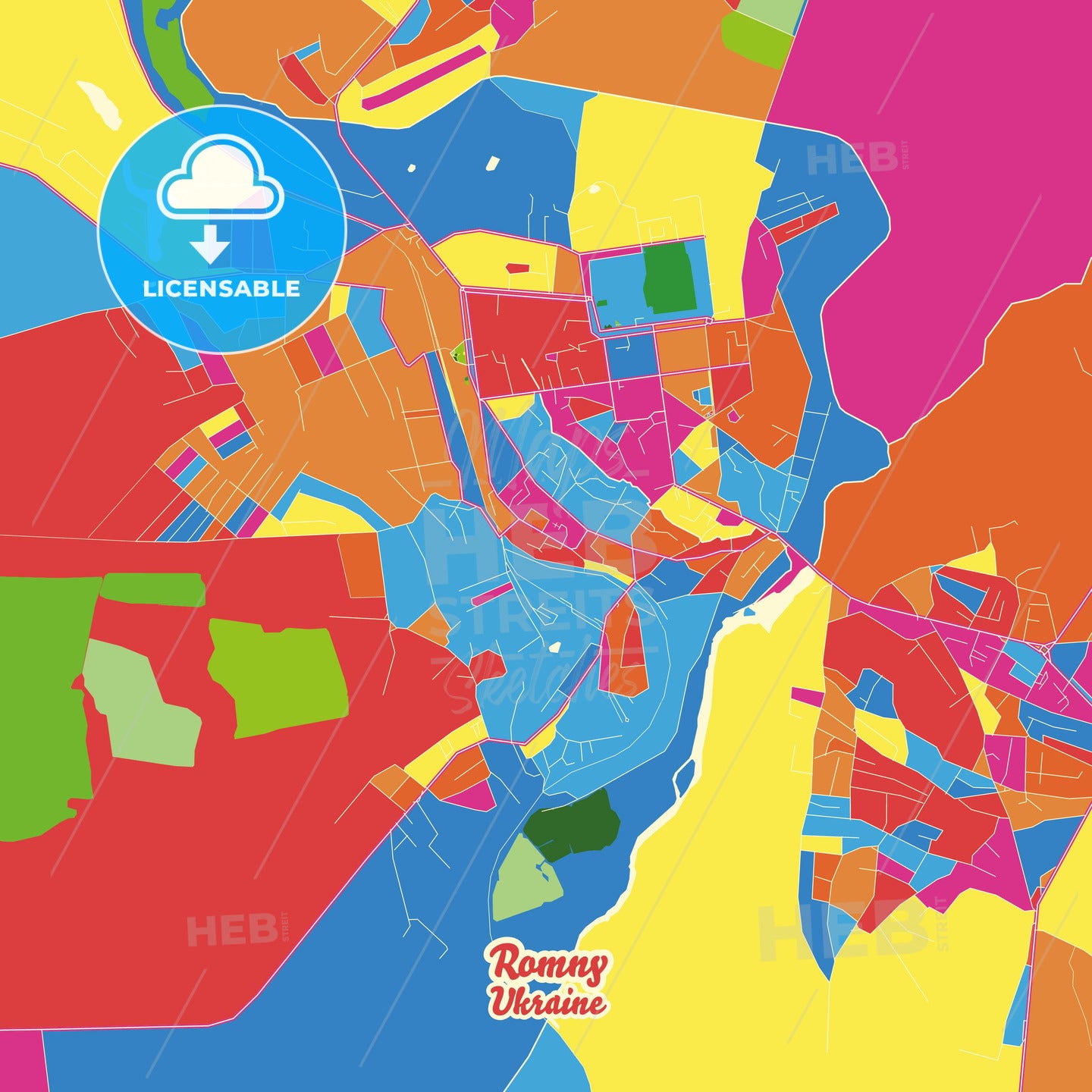 Romny, Ukraine Crazy Colorful Street Map Poster Template - HEBSTREITS Sketches