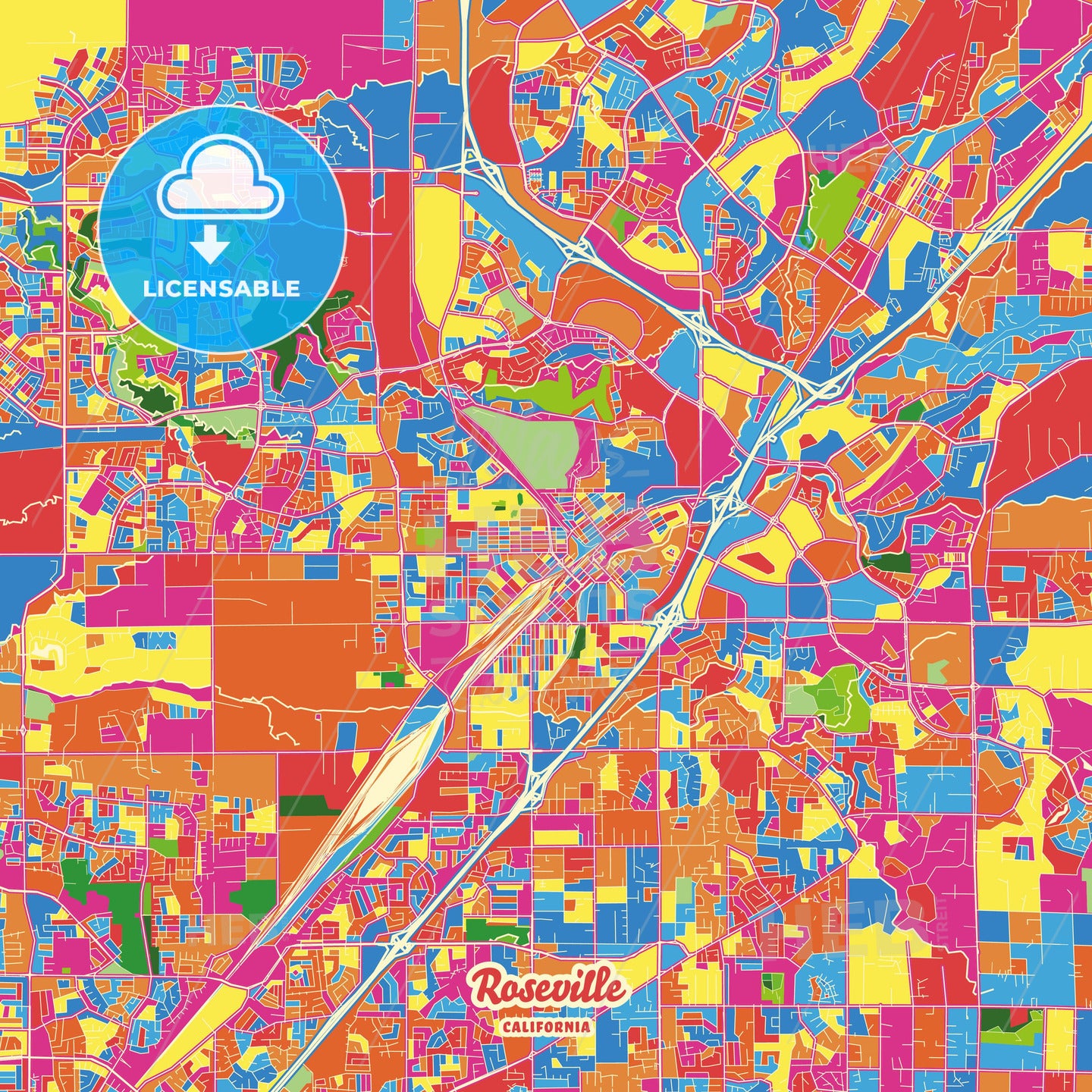 Roseville, United States Crazy Colorful Street Map Poster Template - HEBSTREITS Sketches