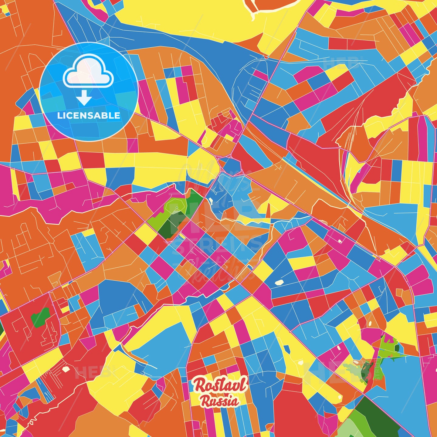 Roslavl, Russia Crazy Colorful Street Map Poster Template - HEBSTREITS Sketches