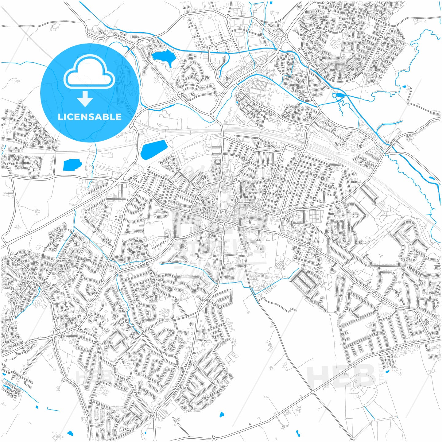 Rugby, West Midlands, England, city map with high quality roads.
