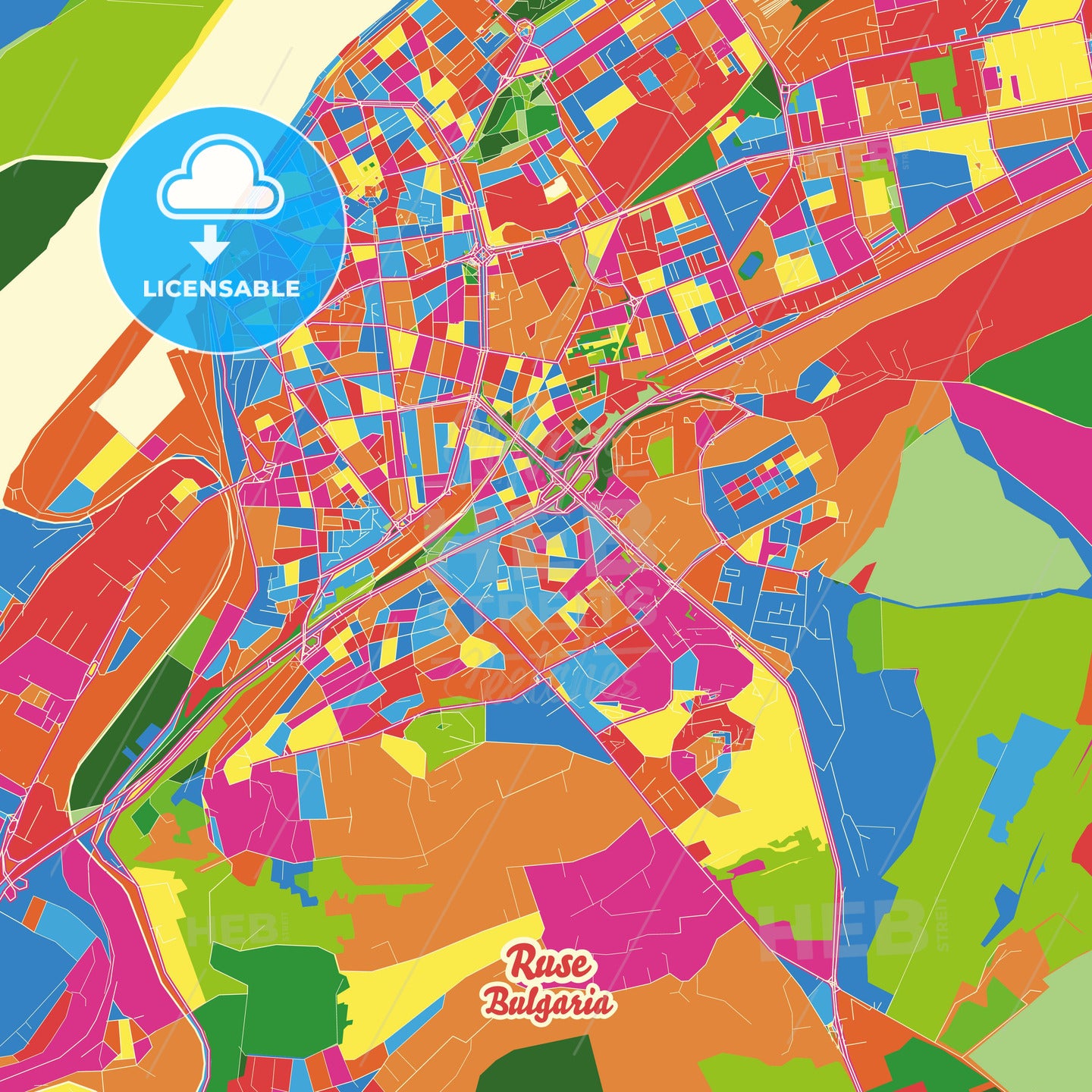 Ruse, Bulgaria Crazy Colorful Street Map Poster Template - HEBSTREITS Sketches