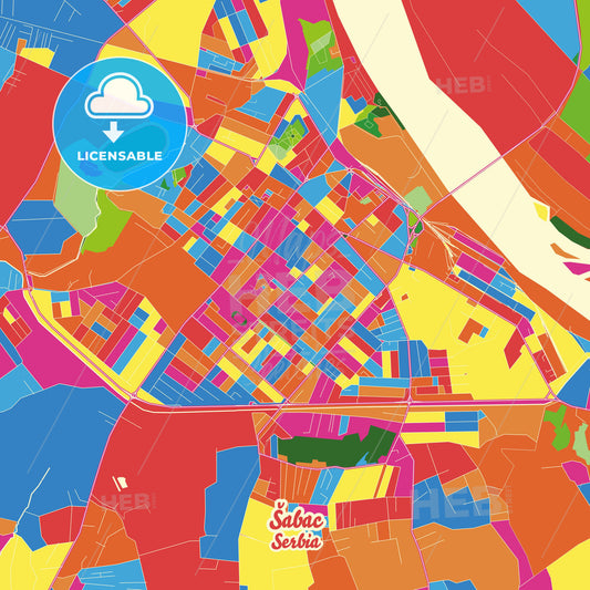 Šabac, Serbia Crazy Colorful Street Map Poster Template - HEBSTREITS Sketches