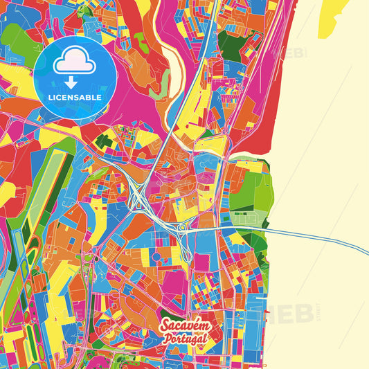Sacavém, Portugal Crazy Colorful Street Map Poster Template - HEBSTREITS Sketches