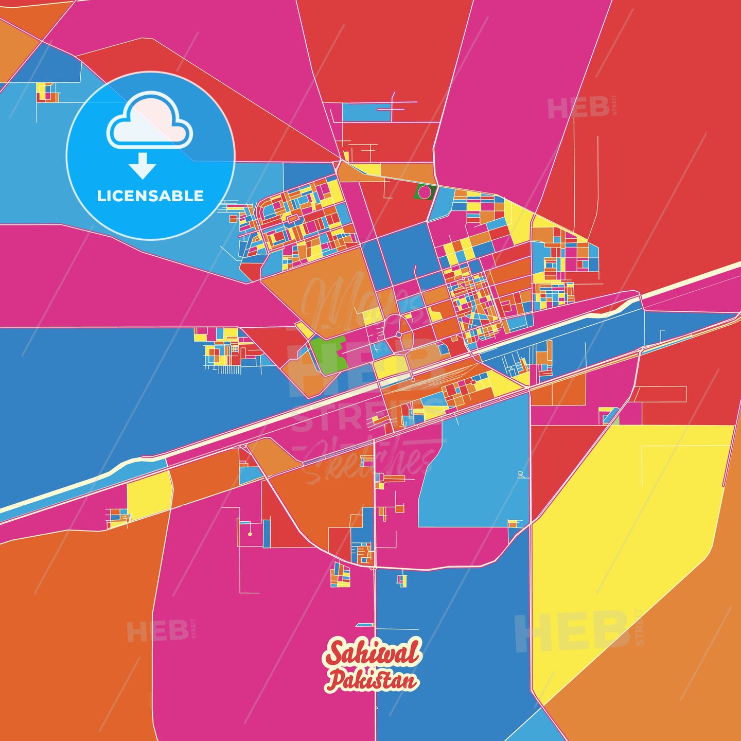 Sahiwal, Pakistan Crazy Colorful Street Map Poster Template - HEBSTREITS Sketches