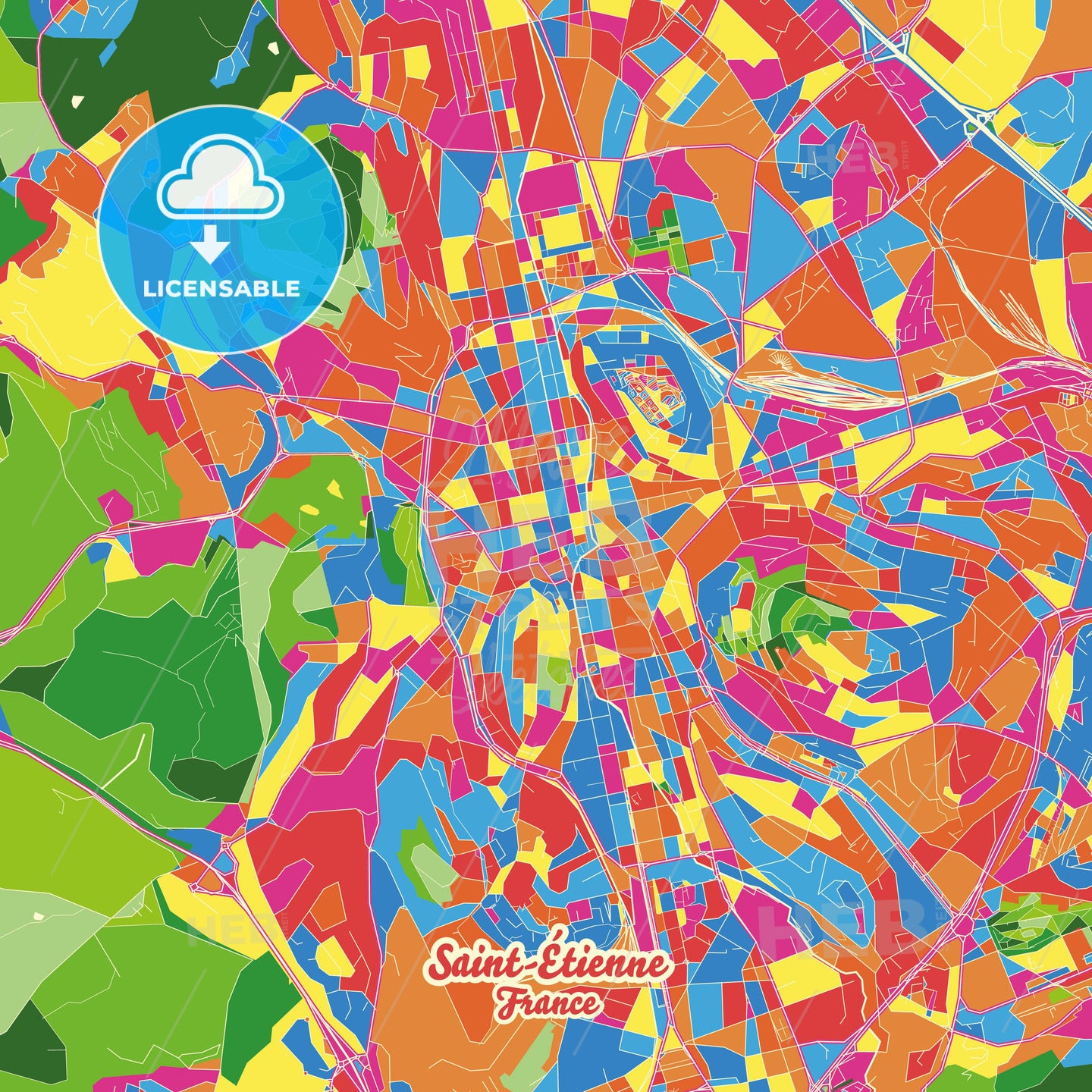 Saint-Étienne, France Crazy Colorful Street Map Poster Template - HEBSTREITS Sketches