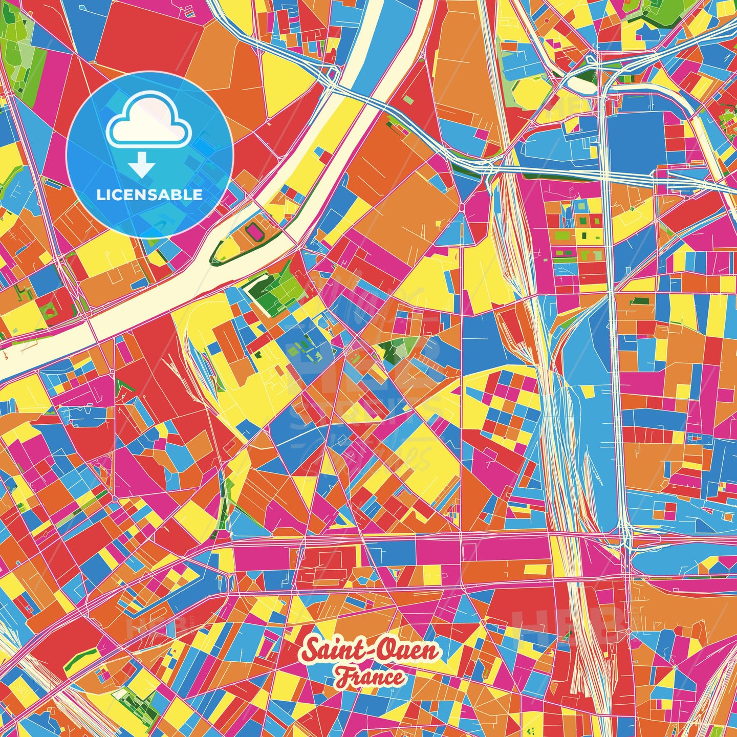 Saint-Ouen, France Crazy Colorful Street Map Poster Template - HEBSTREITS Sketches
