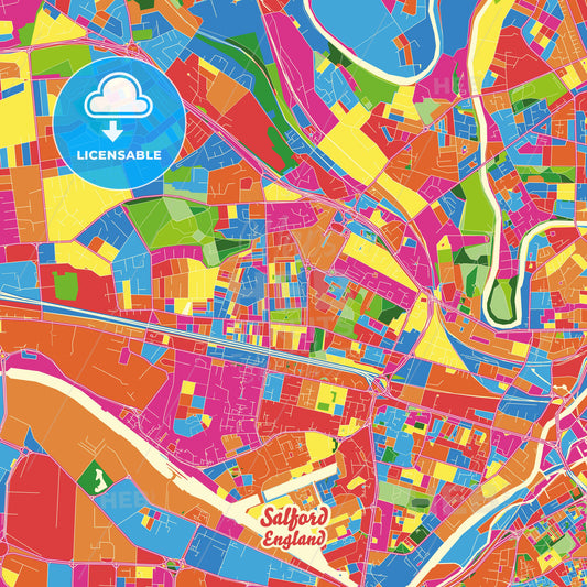 Salford, England Crazy Colorful Street Map Poster Template - HEBSTREITS Sketches