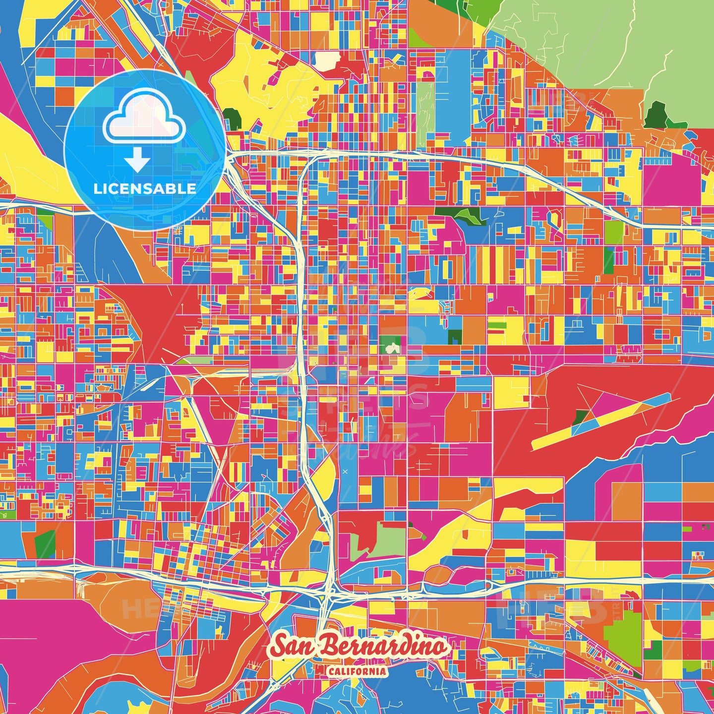 San Bernardino, United States Crazy Colorful Street Map Poster Template - HEBSTREITS Sketches