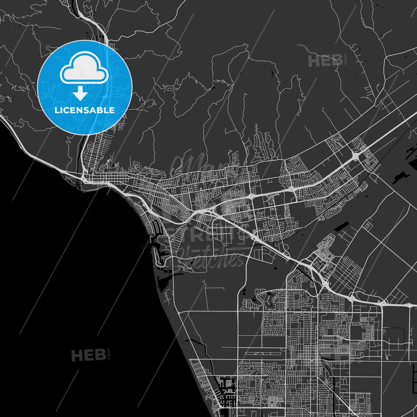 San Buenaventura (Ventura), California - Area Map - Dark