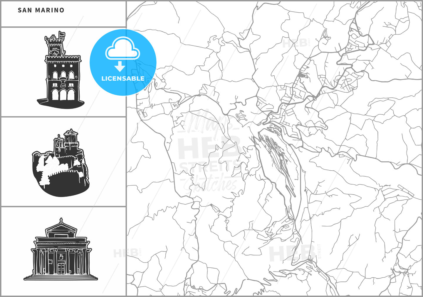 San Marino city map with hand-drawn architecture icons
