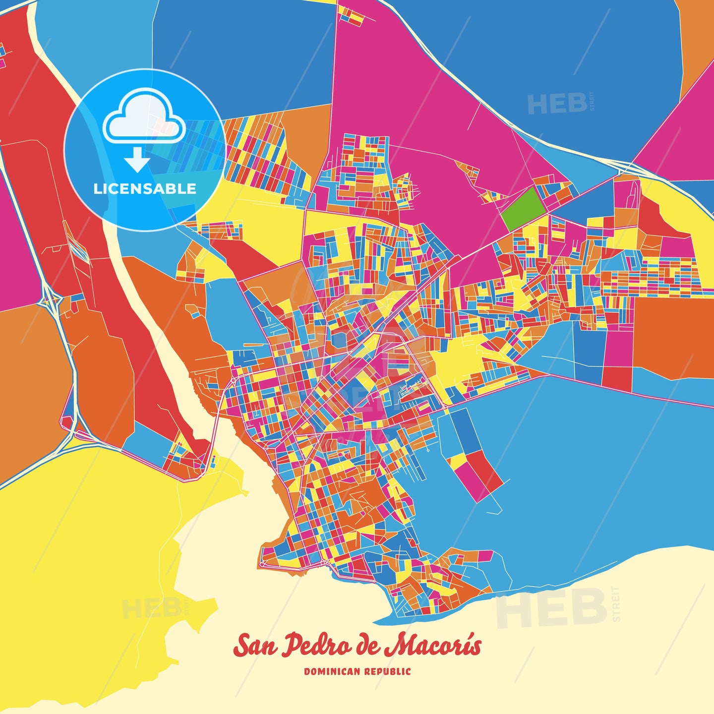 San Pedro de Macorís, Dominican Republic Crazy Colorful Street Map Poster Template - HEBSTREITS Sketches