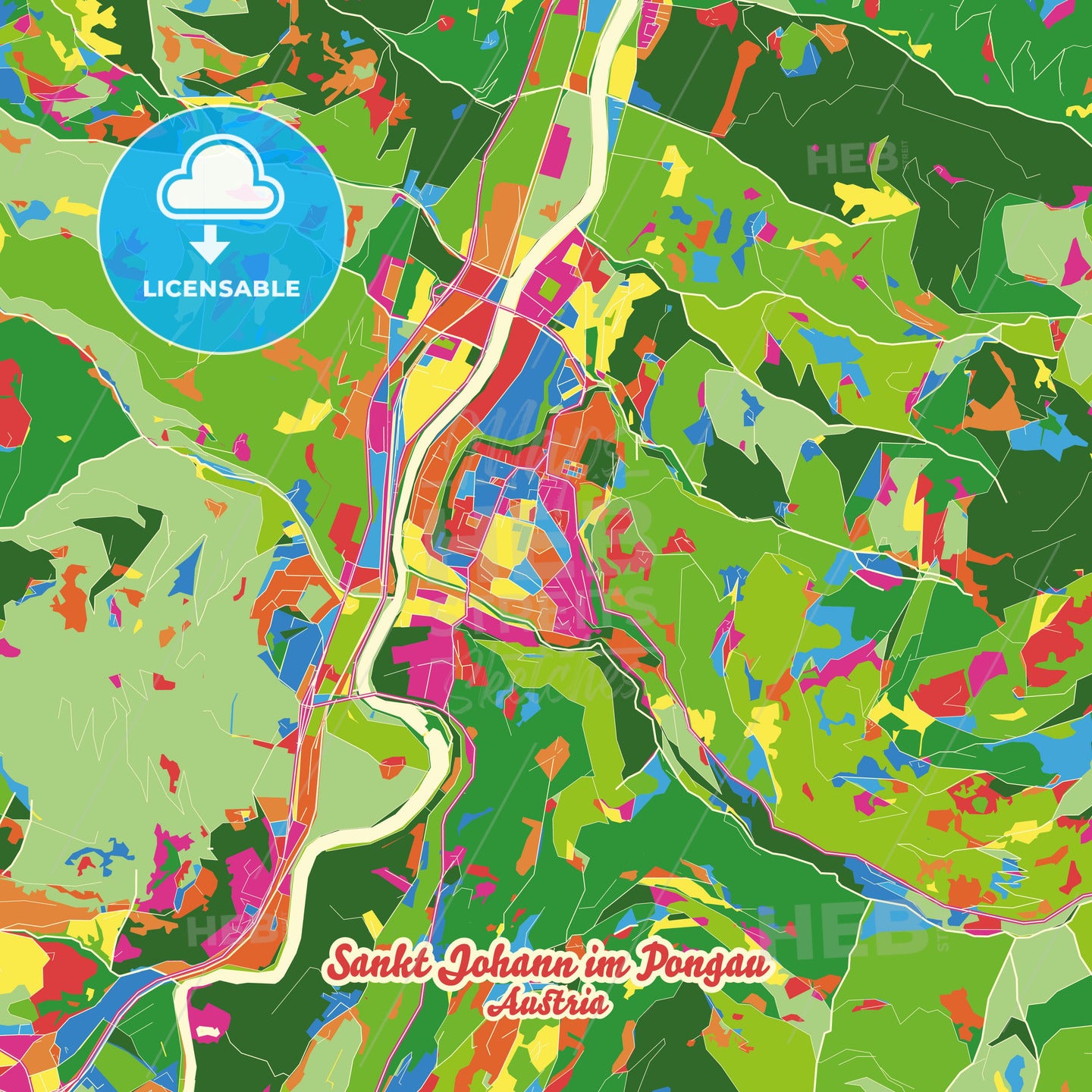 Sankt Johann im Pongau, Austria Crazy Colorful Street Map Poster Template - HEBSTREITS Sketches