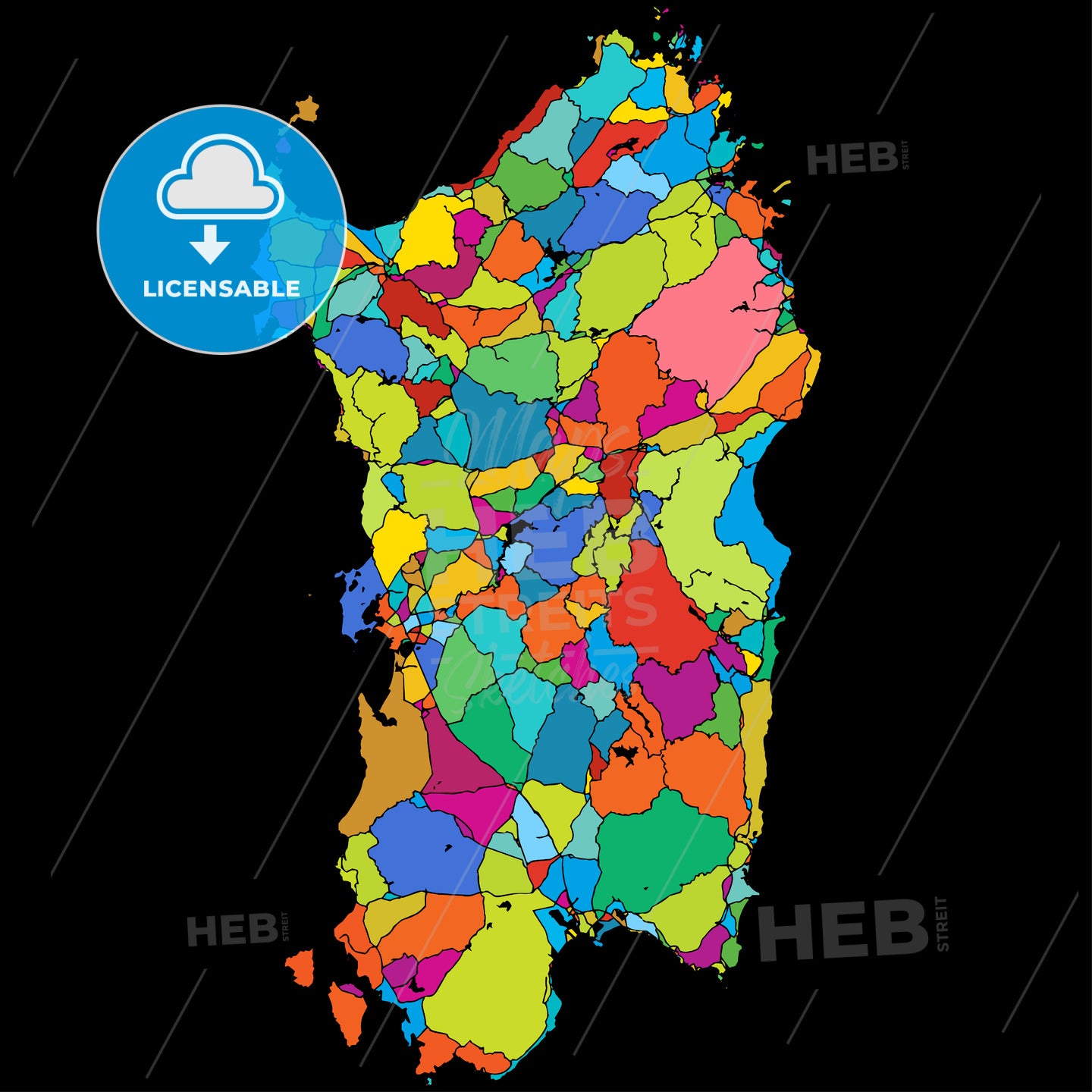Sardinia, Island, Italy, Colorful Vector Map on Black