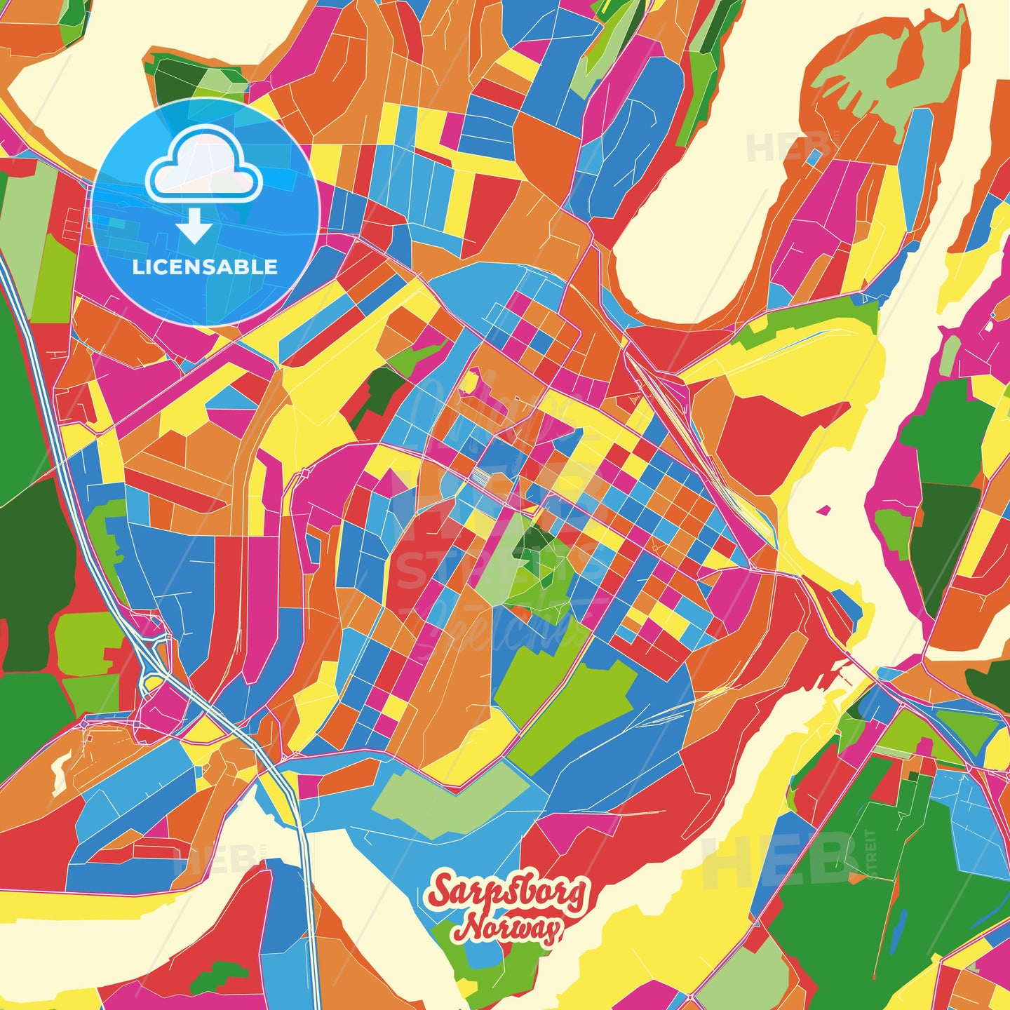 Sarpsborg, Norway Crazy Colorful Street Map Poster Template - HEBSTREITS Sketches