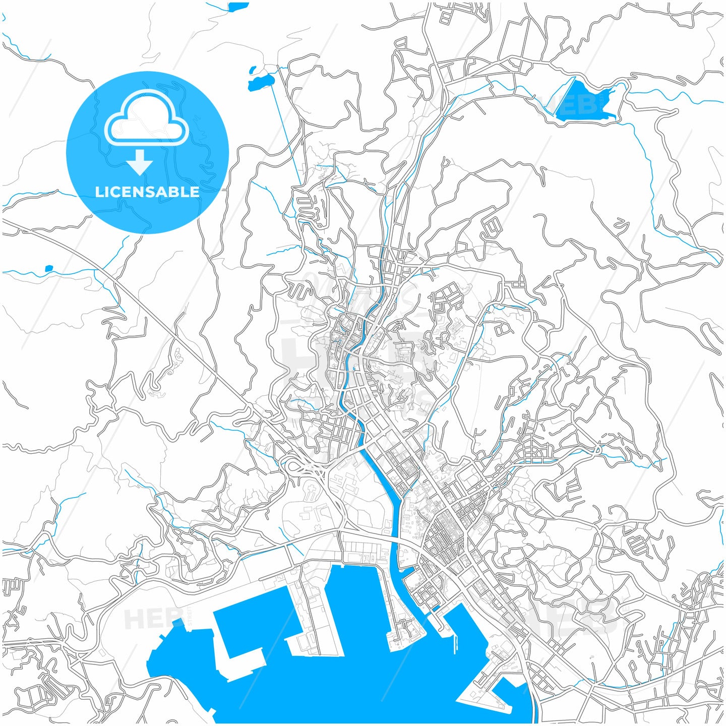 Sasebo, Nagasaki, Japan, city map with high quality roads.