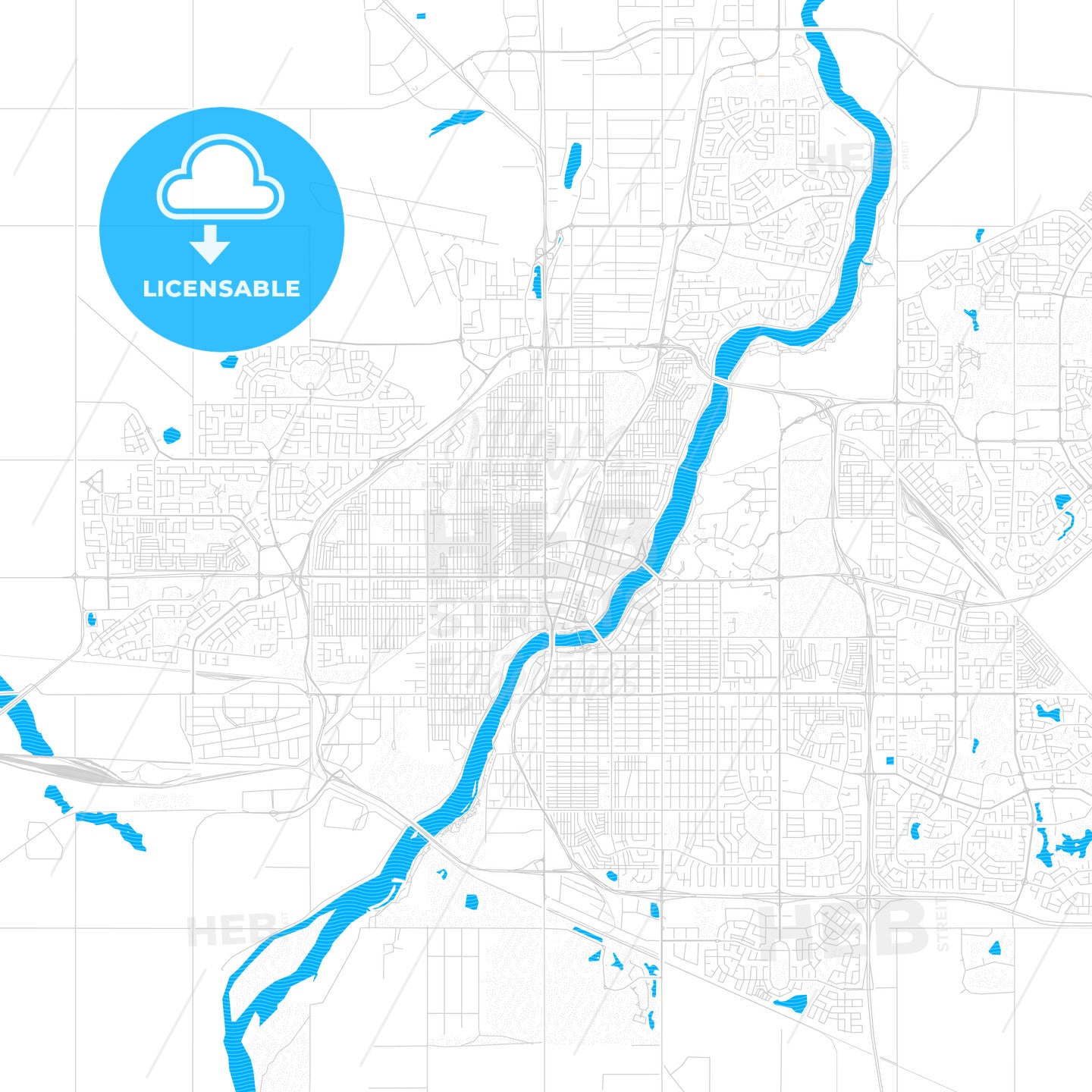 Saskatoon, Canada PDF vector map with water in focus
