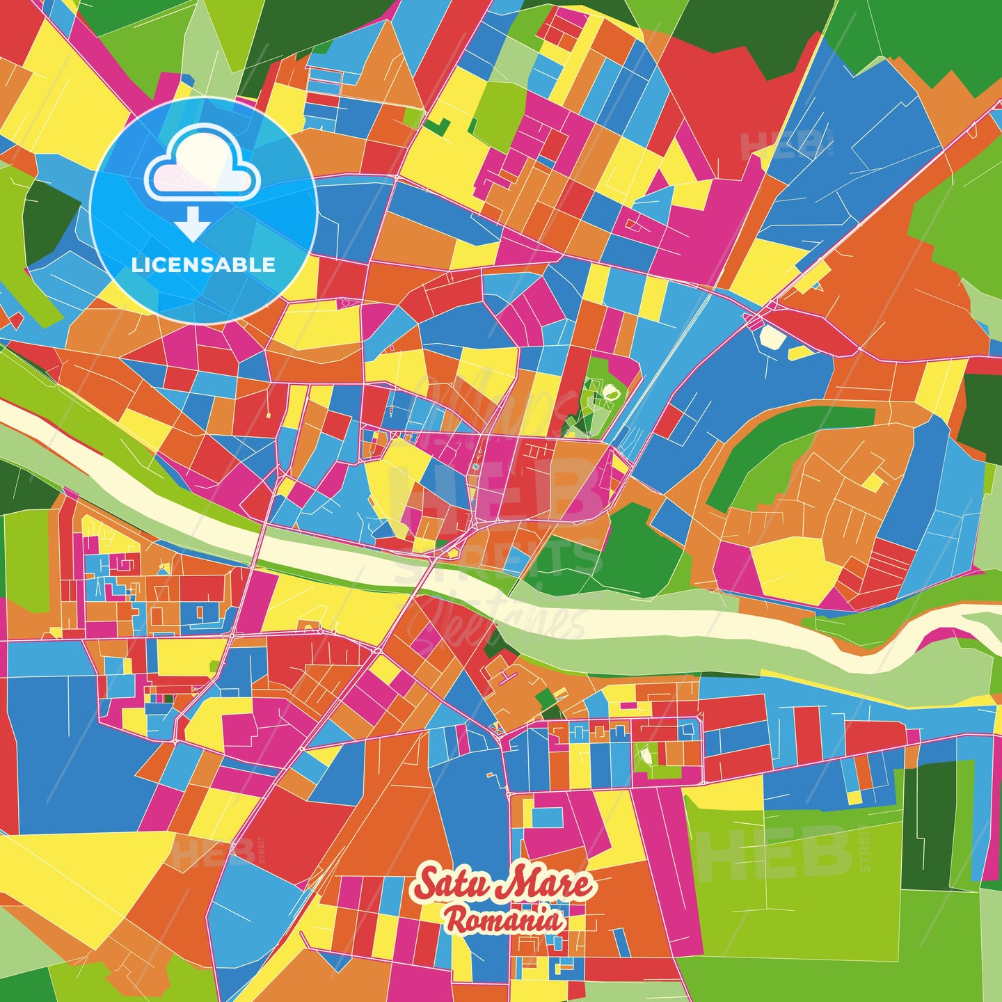 Satu Mare, Romania Crazy Colorful Street Map Poster Template - HEBSTREITS Sketches