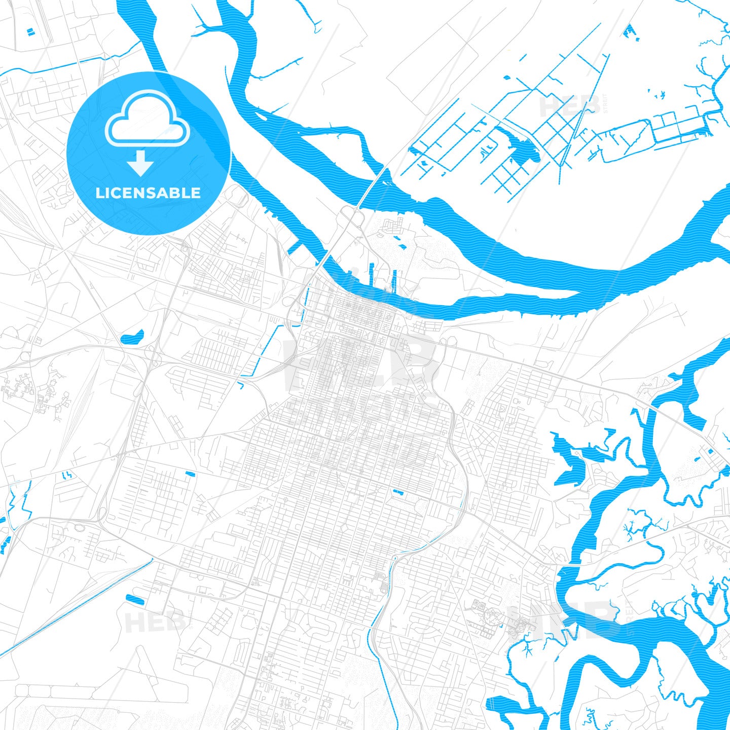 Savannah, Georgia, United States, PDF vector map with water in focus