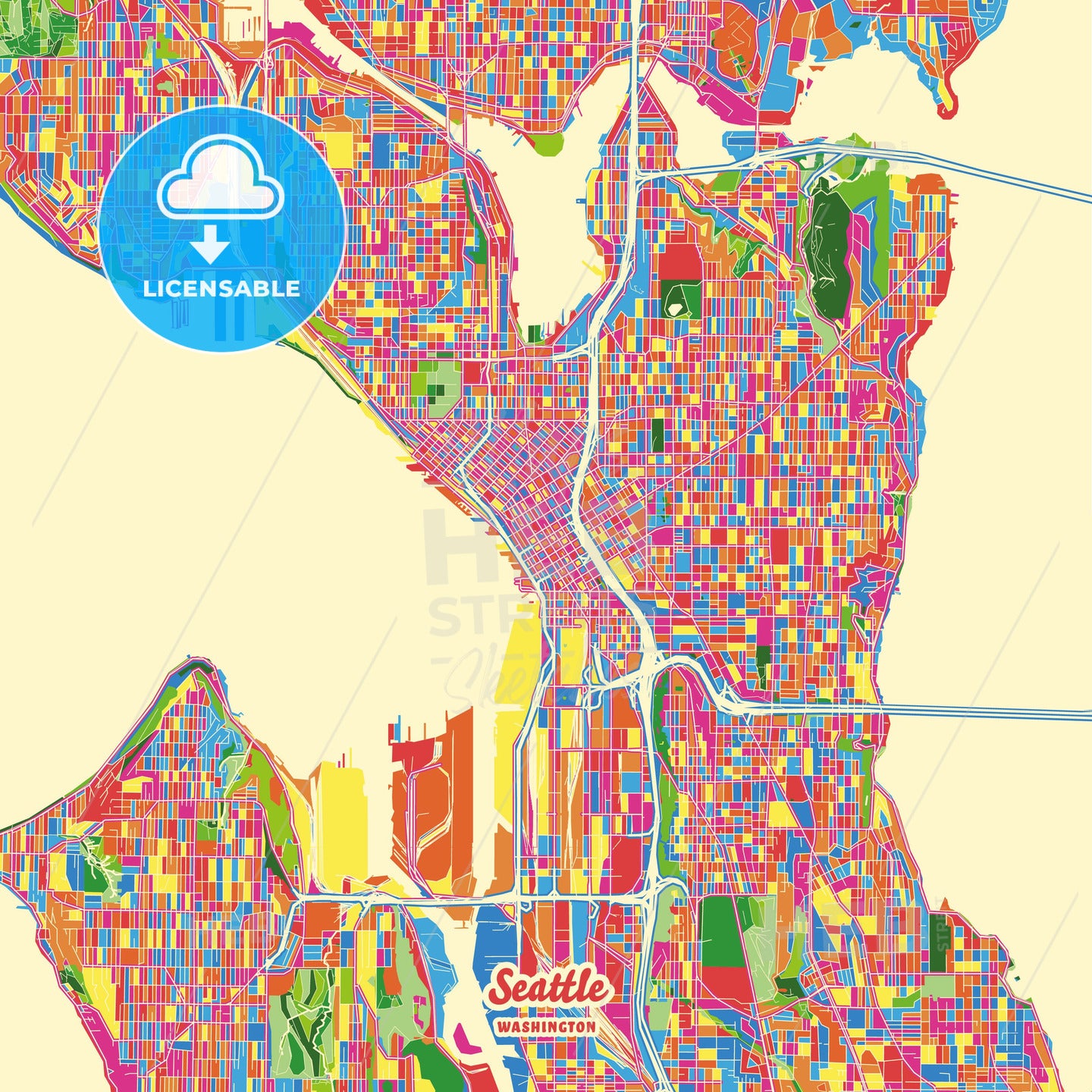 Seattle, United States Crazy Colorful Street Map Poster Template - HEBSTREITS Sketches
