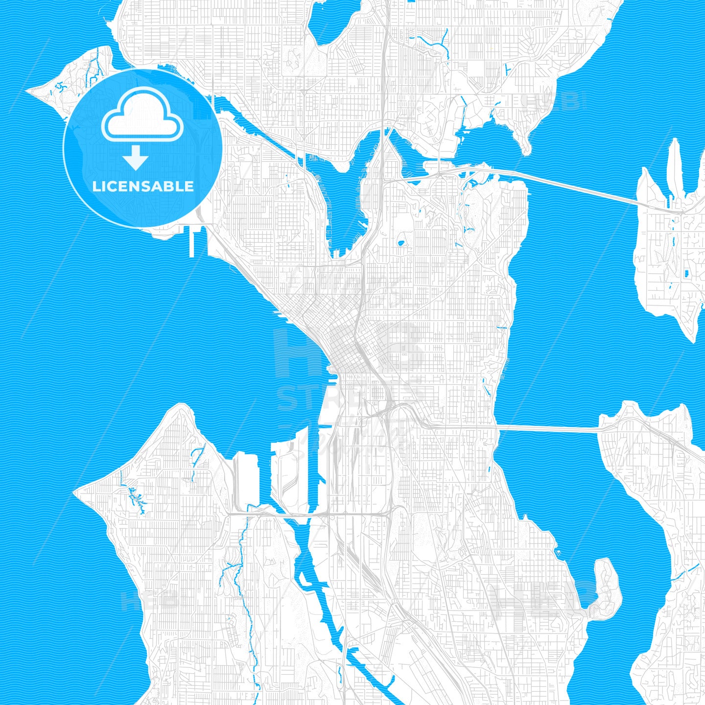 Seattle, Washington, United States, PDF vector map with water in focus