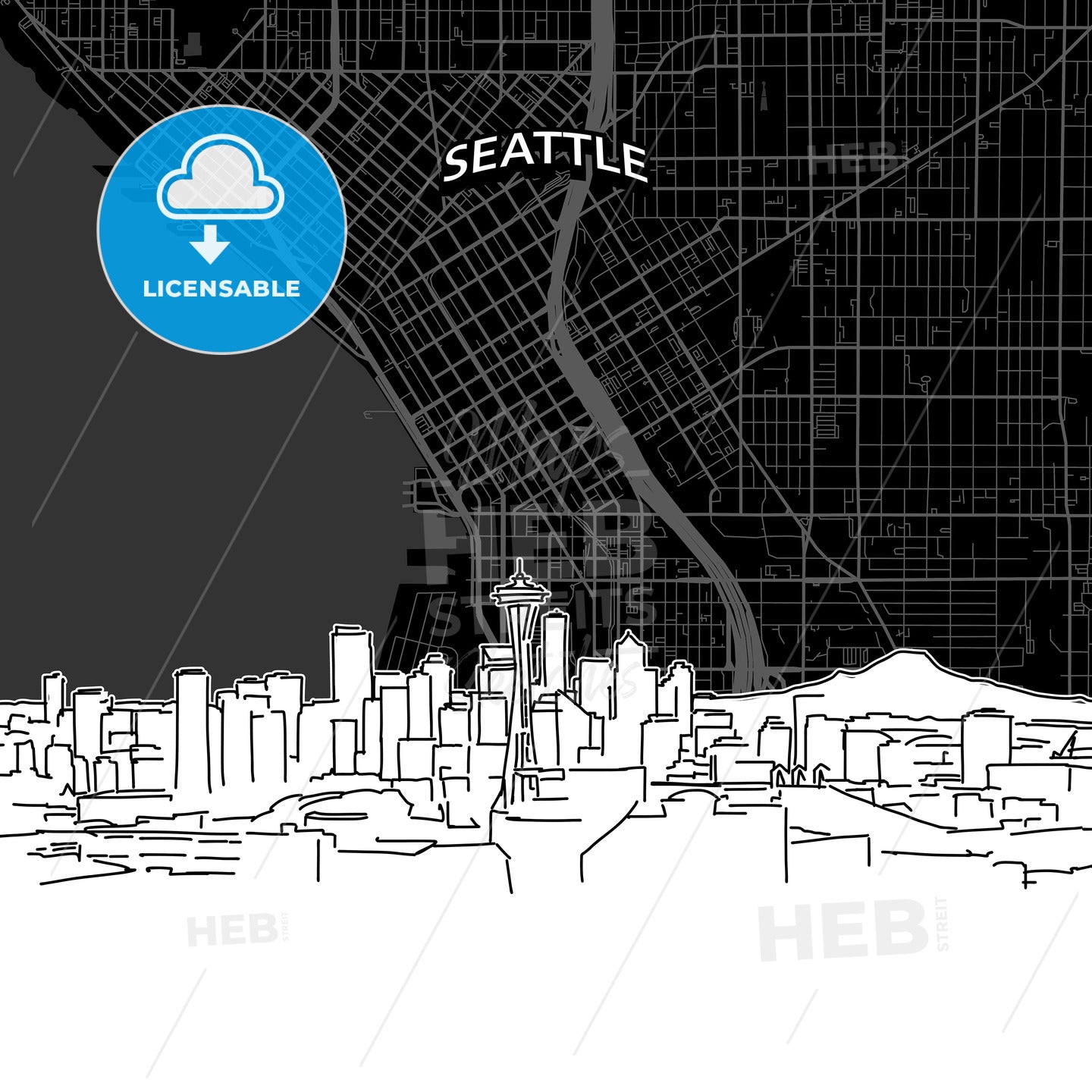 Seattle skyline with map