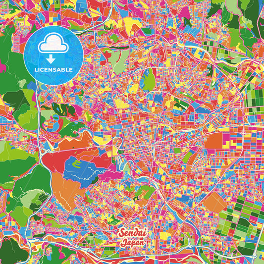 Sendai, Japan Crazy Colorful Street Map Poster Template - HEBSTREITS Sketches