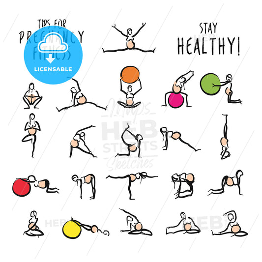 Set of pregnant yoga fitness doodles – instant download
