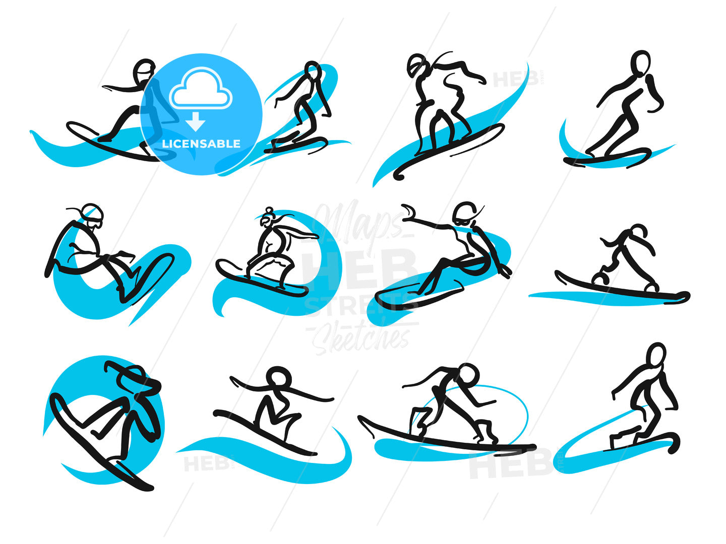 Set of sketched freestyle snowboarding people – instant download