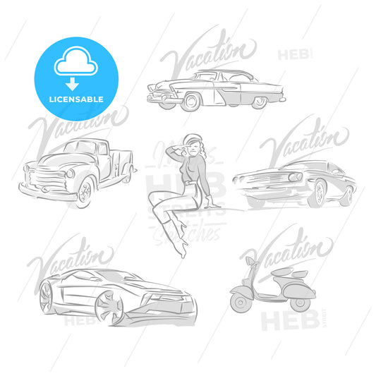 Set of vintage and modern cars drawings – instant download