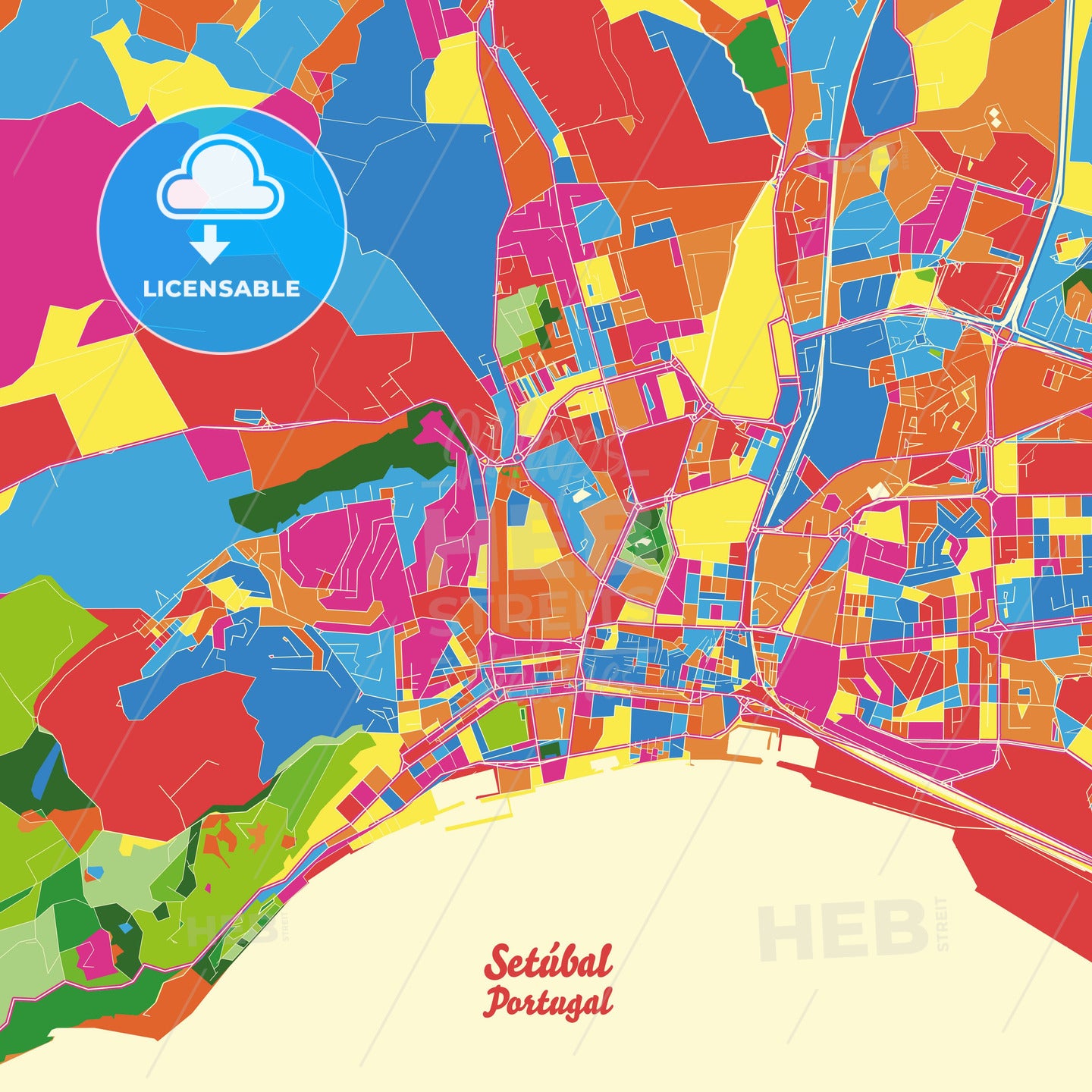 Setúbal, Portugal Crazy Colorful Street Map Poster Template - HEBSTREITS Sketches
