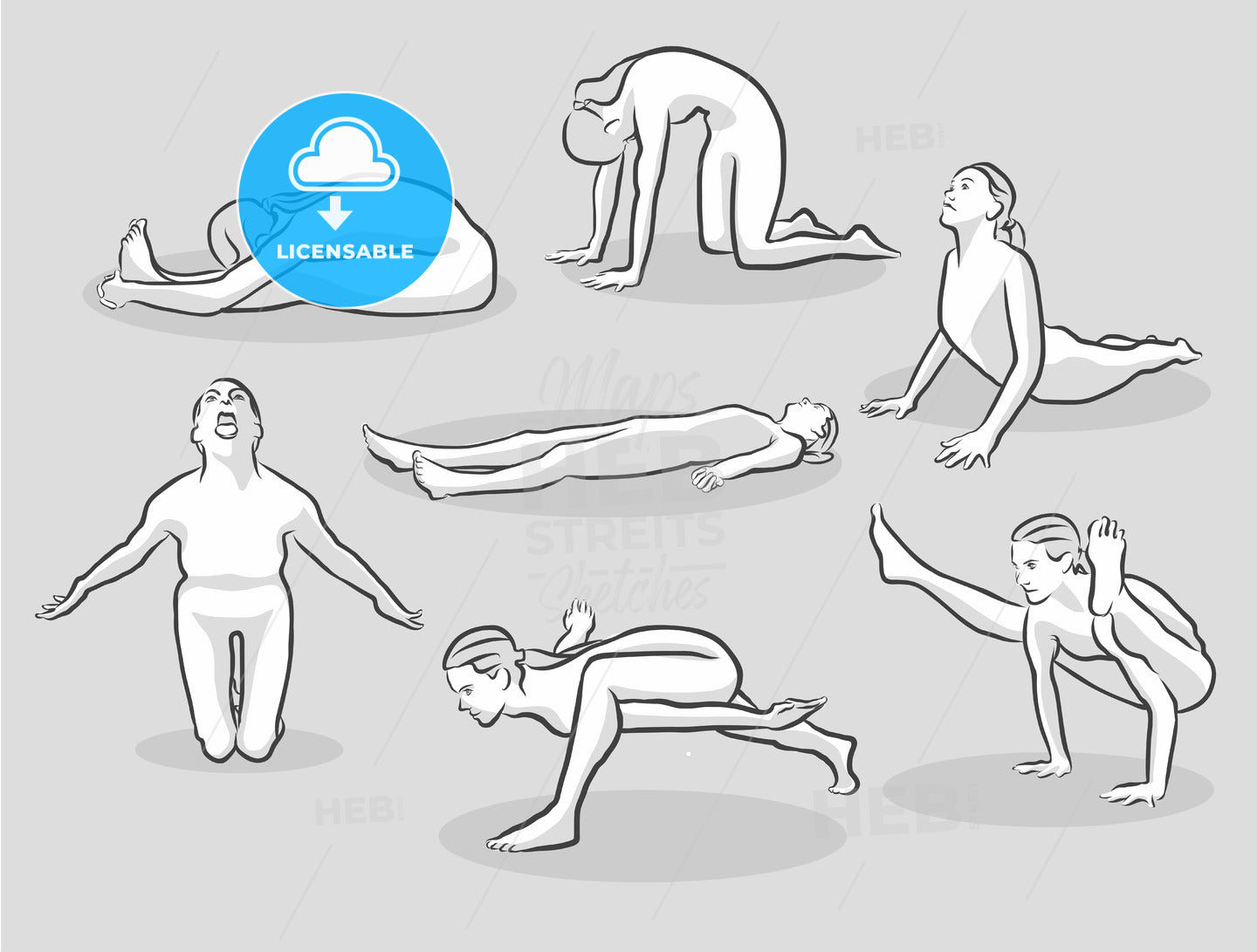 Seven Various Easy and Intermediate Yoga Poses – instant download