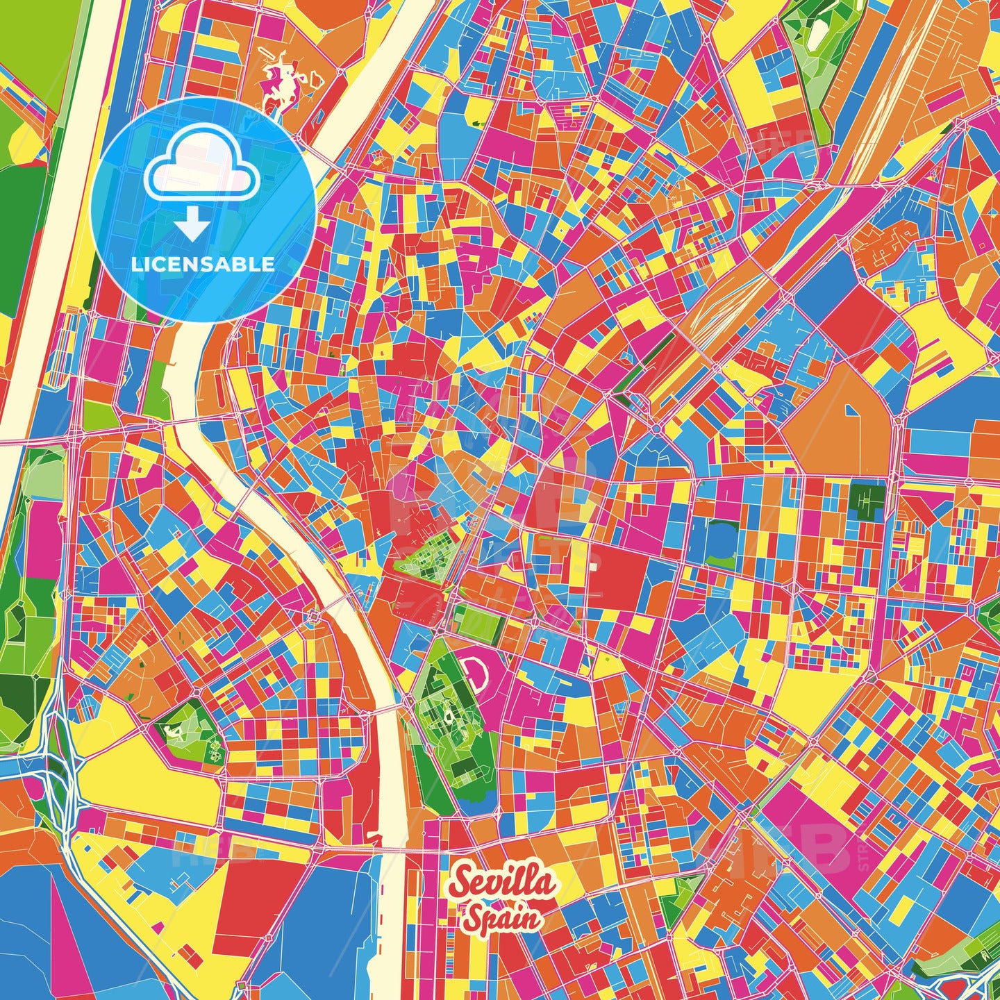 Sevilla, Spain Crazy Colorful Street Map Poster Template - HEBSTREITS Sketches