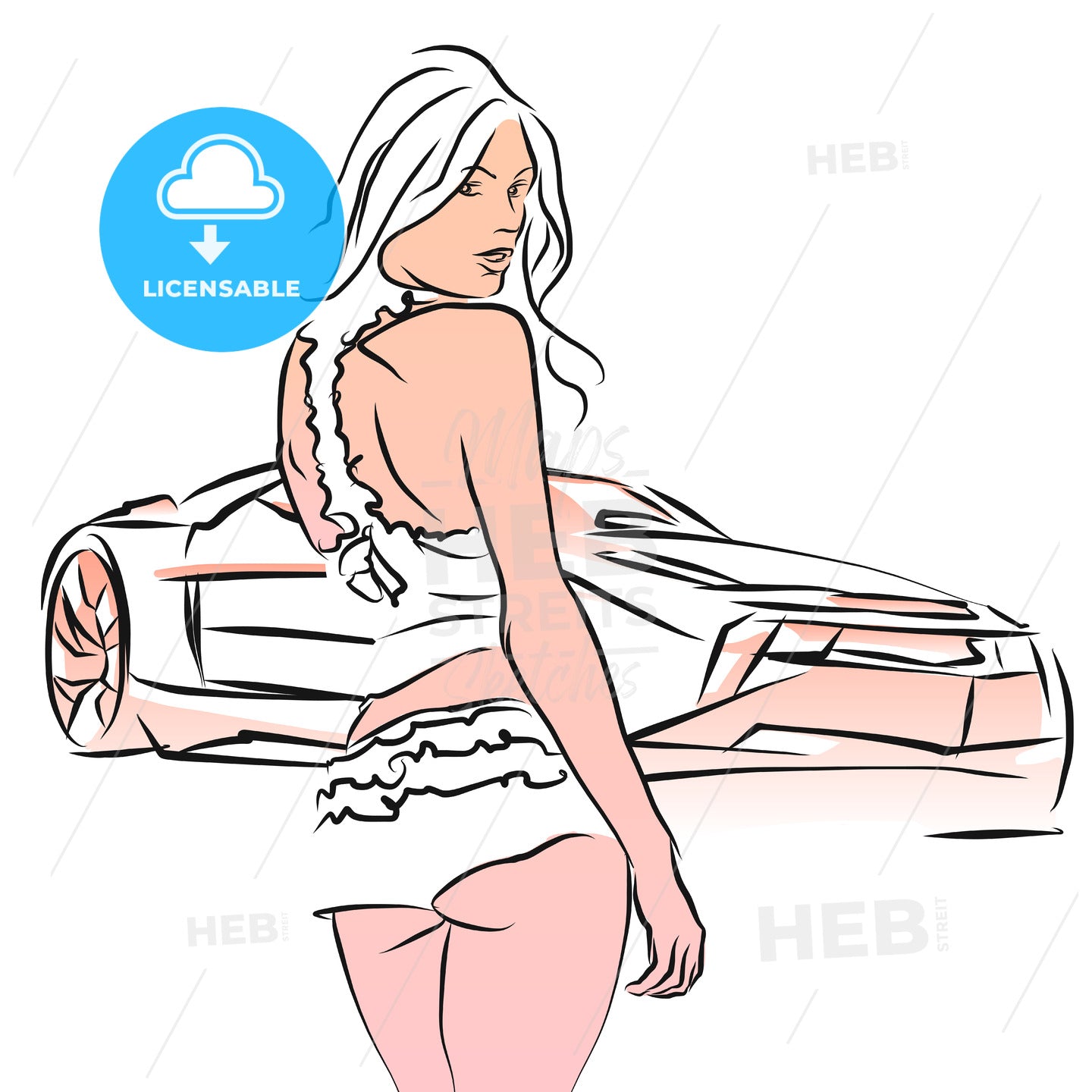 Sexy Girl with Sports Car, Hand drawn Sketch – instant download