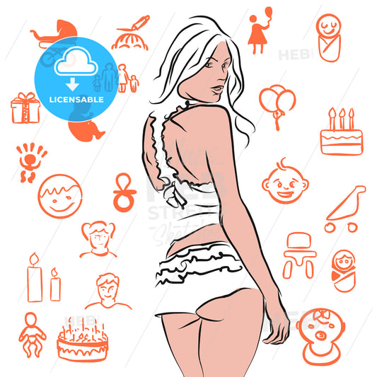 Sexy Woman Looking Back with baby Doodles in Background – instant download