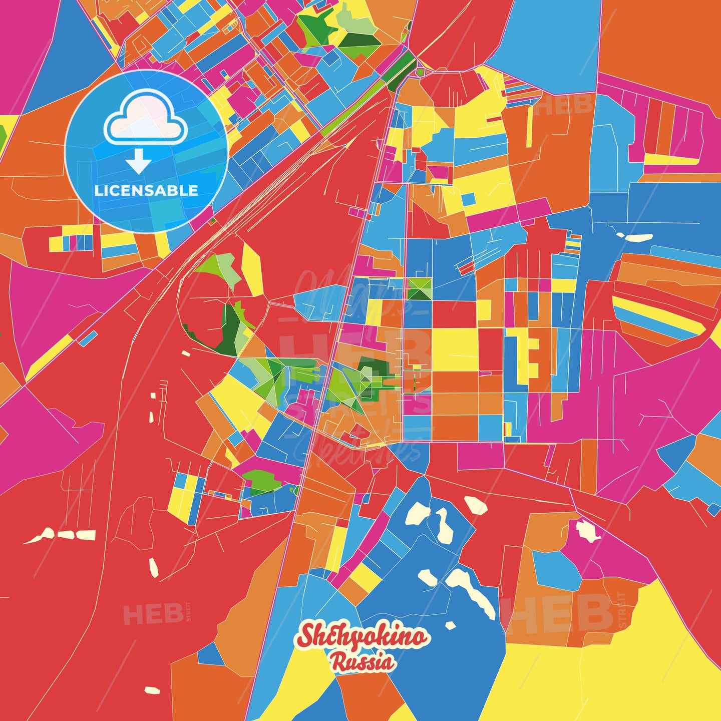 Shchyokino, Russia Crazy Colorful Street Map Poster Template - HEBSTREITS Sketches