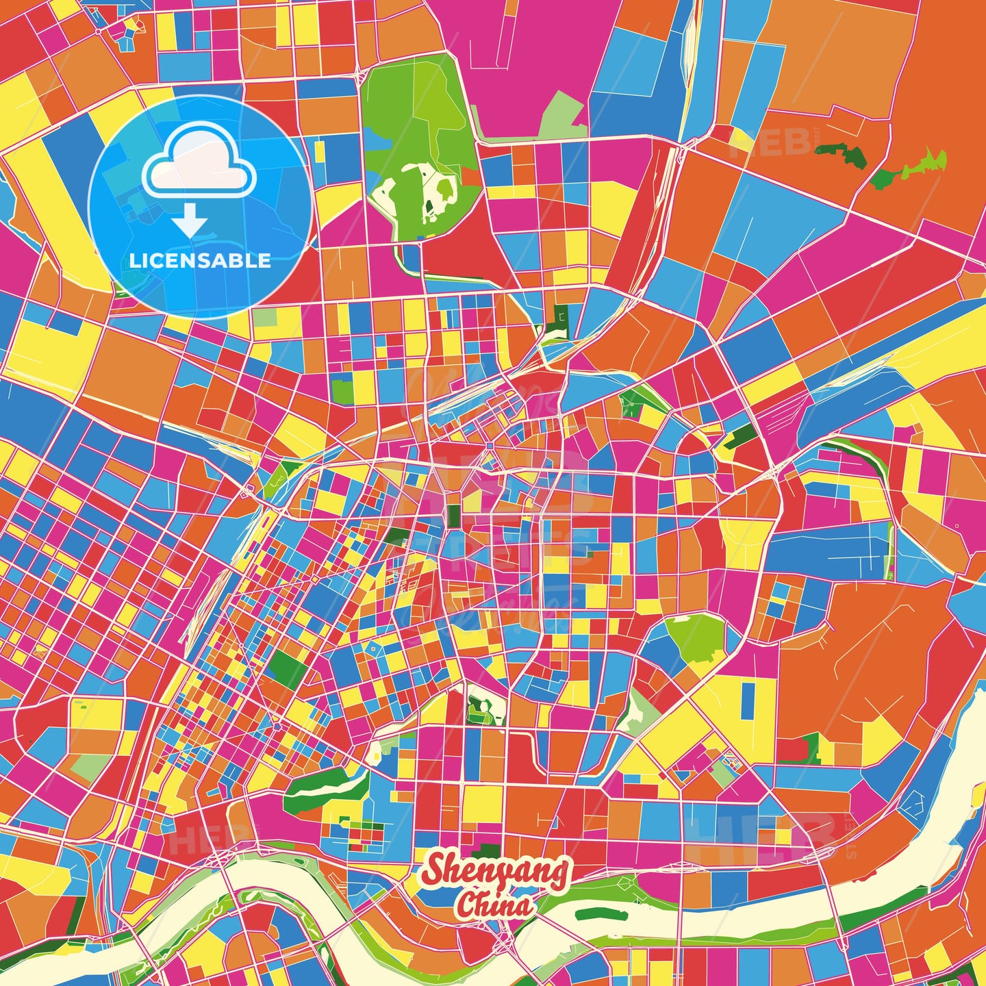 Shenyang, China Crazy Colorful Street Map Poster Template - HEBSTREITS Sketches