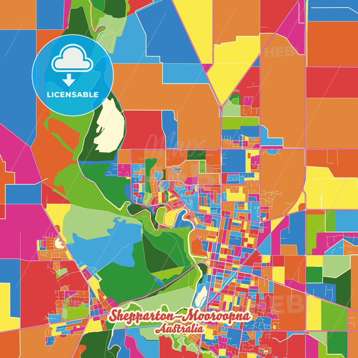 Shepparton–Mooroopna, Australia Crazy Colorful Street Map Poster Template - HEBSTREITS Sketches