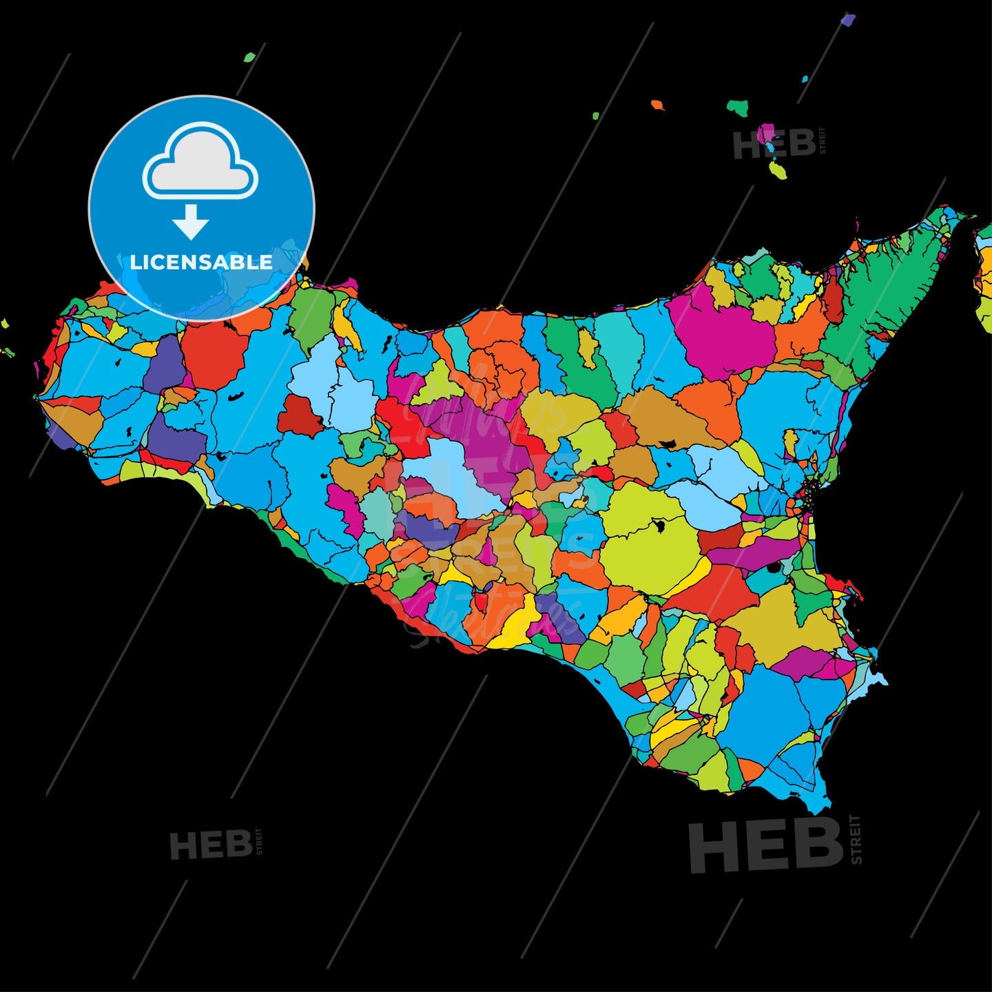 Sicily Island, Italy, Colorful Vector Map on Black