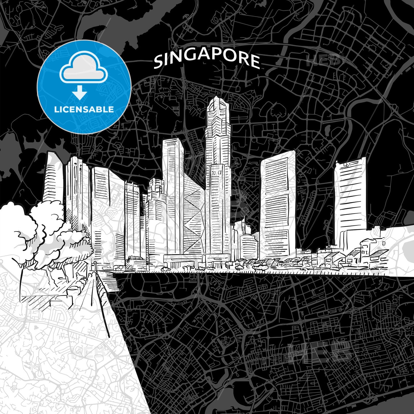 Singapore skyline with map