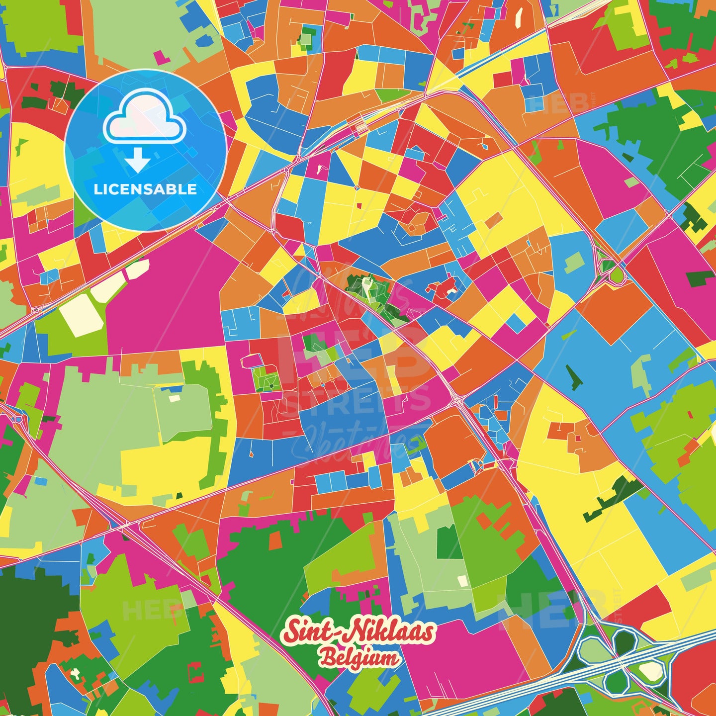 Sint-Niklaas, Belgium Crazy Colorful Street Map Poster Template - HEBSTREITS Sketches
