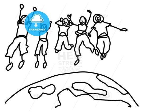 Sketched Doodle Kids Jumping over Earth – instant download