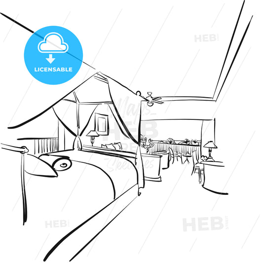 Sketched Hotel Room Interieur with Balcony – instant download